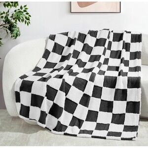 Checkered Black White Throw Blanket, Super Soft and Warm‎ Fluffy Fleece 50"x60"